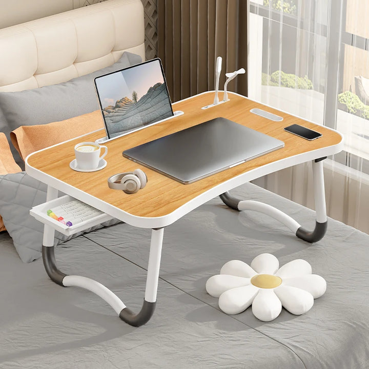 Portable Laptop Desk Foldable with USB Light, Fan, Cup Holder & Tablet Slot