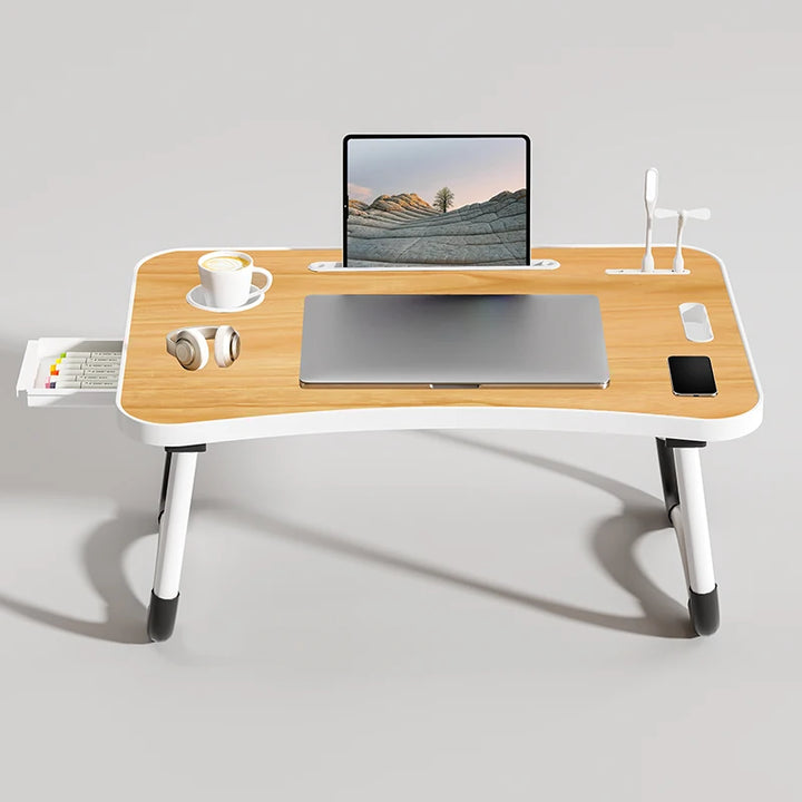 Portable Laptop Desk Foldable with USB Light, Fan, Cup Holder & Tablet Slot