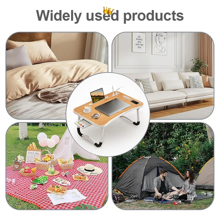 Portable Laptop Desk Foldable with USB Light, Fan, Cup Holder & Tablet Slot