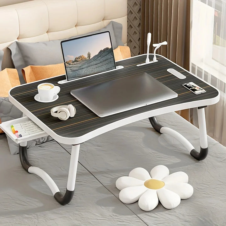 Portable Laptop Desk Foldable with USB Light, Fan, Cup Holder & Tablet Slot