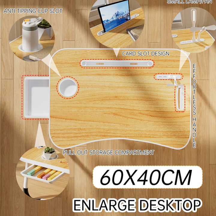 Portable Laptop Desk Foldable with USB Light, Fan, Cup Holder & Tablet Slot