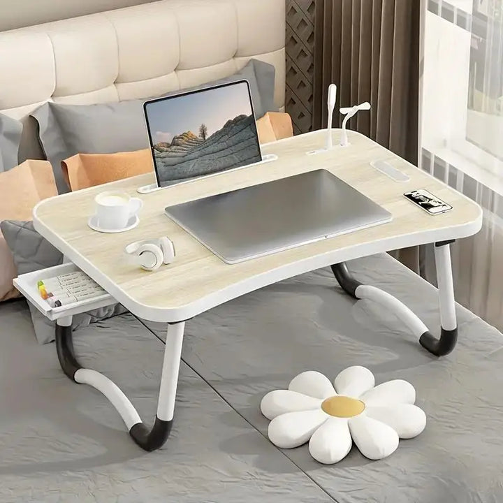 Portable Laptop Desk Foldable with USB Light, Fan, Cup Holder & Tablet Slot