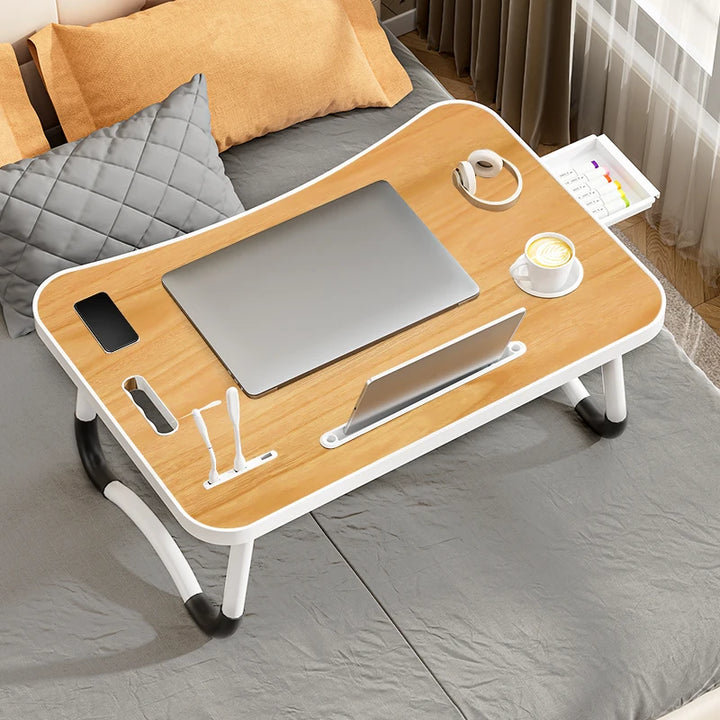 Portable Laptop Desk Foldable with USB Light, Fan, Cup Holder & Tablet Slot