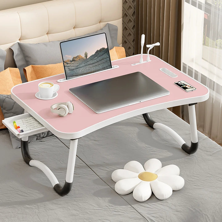 Portable Laptop Desk Foldable with USB Light, Fan, Cup Holder & Tablet Slot